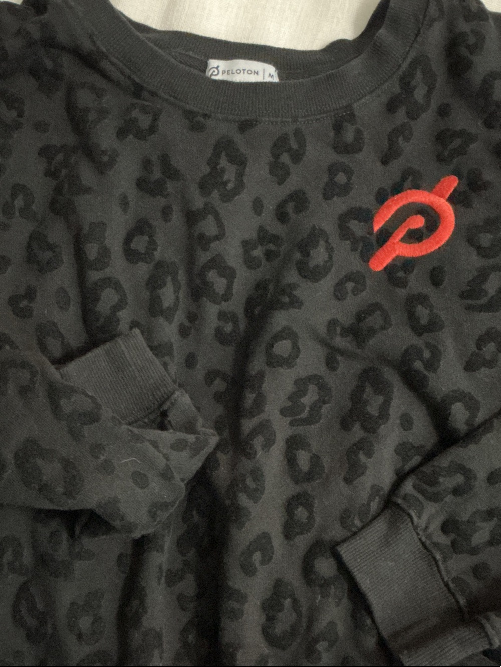 Peloton Black Leopard-Print Crewneck with Orange Logo Medium